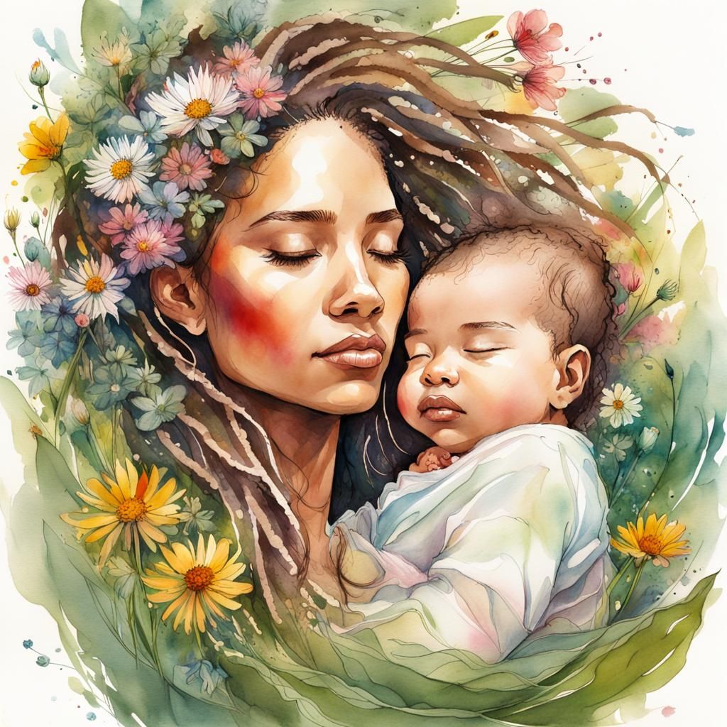 Watercolor Illustration of Mother and Child with Flowers