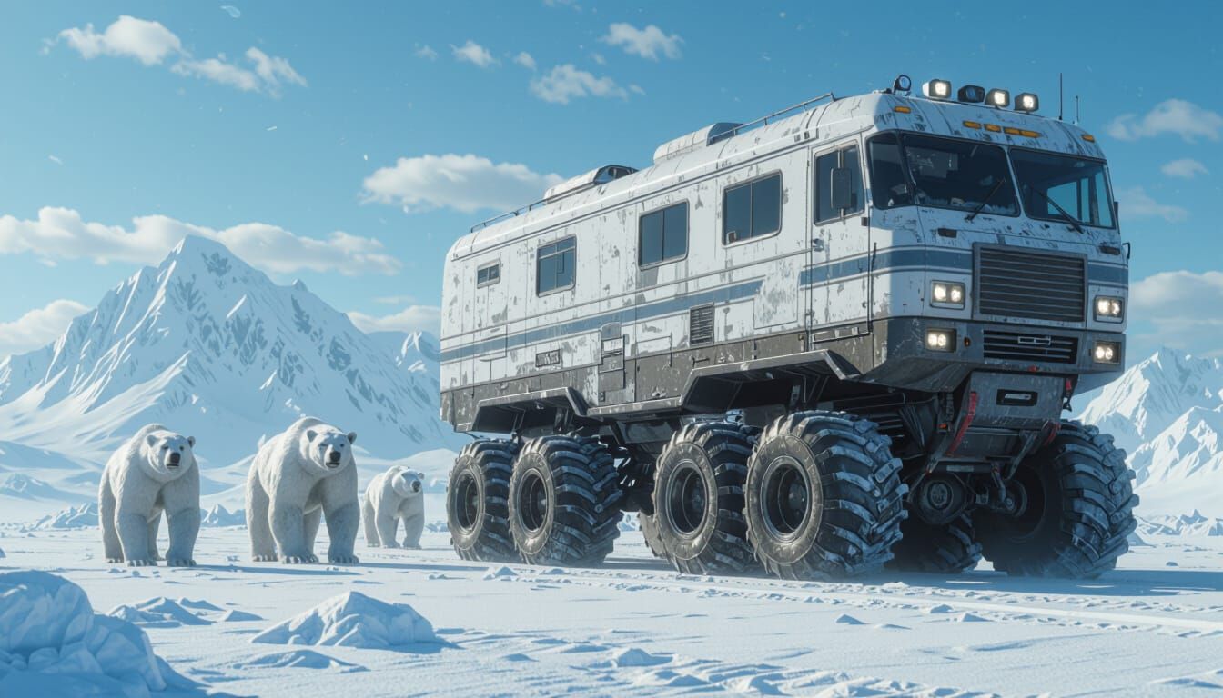 Futuristic Motorhome on Frozen Wasteland, Fantasy Concept Ar...