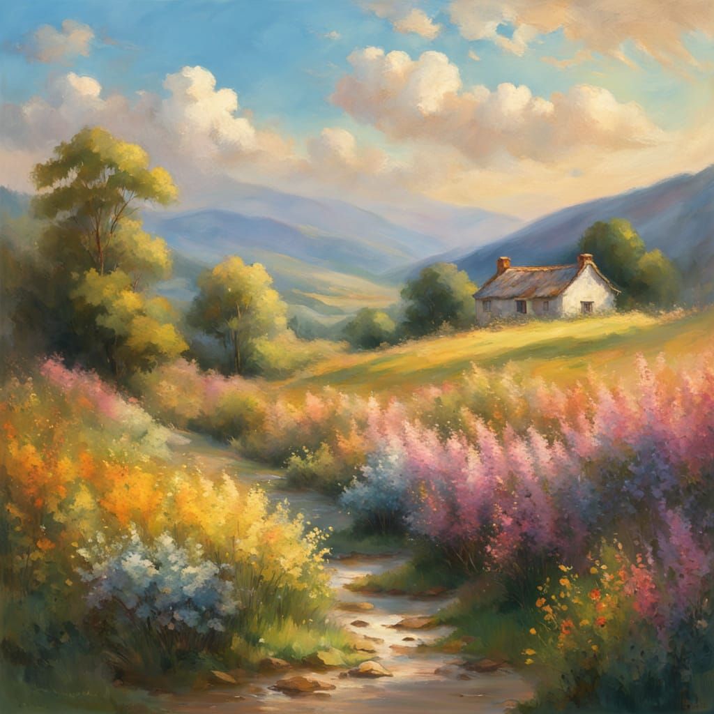 Idyllic Stone Cottage in a Vibrant Impressionist Landscape