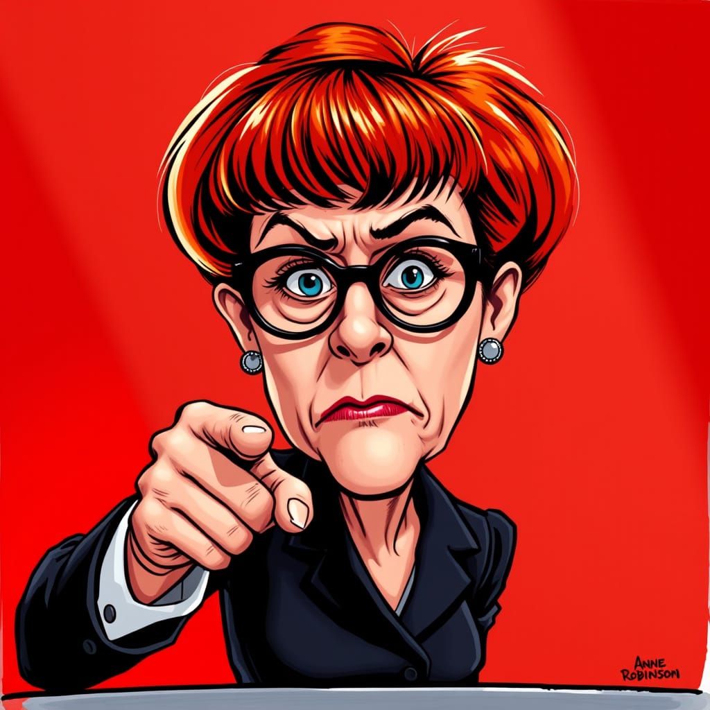 Anne Robinson Accusing Contestant in Caricature Art Style