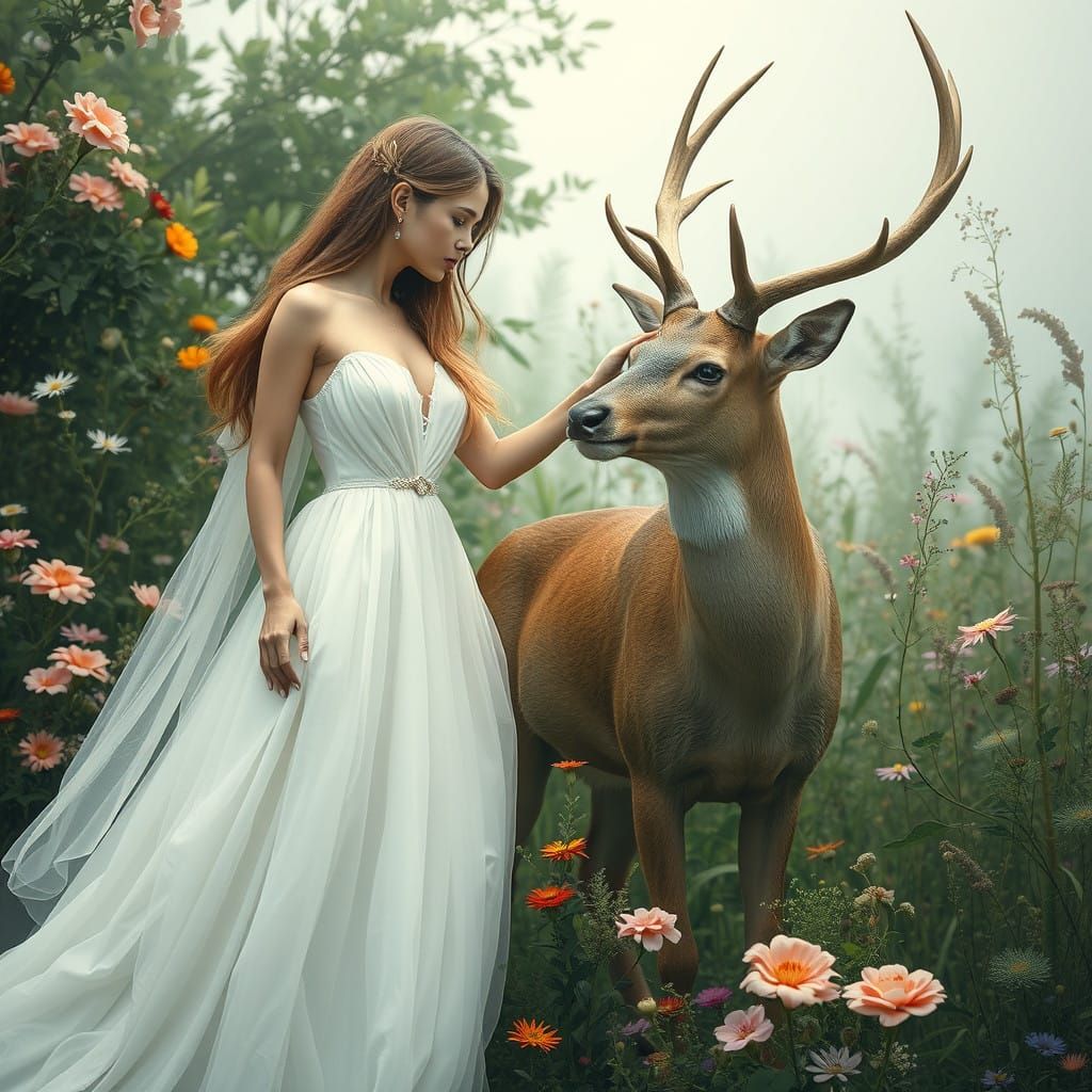 Ethereal Woman Petting Majestic Deer in Lush Garden