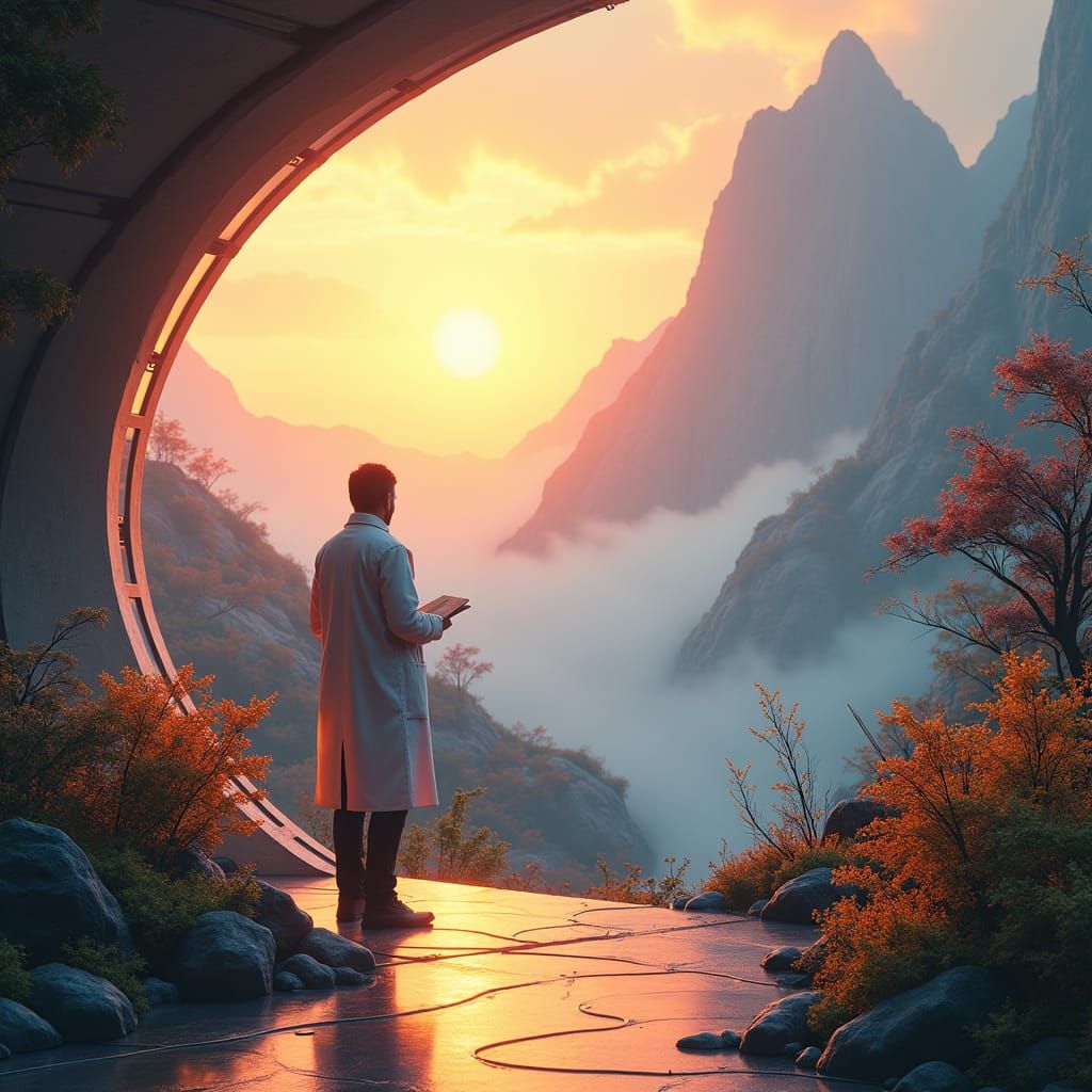 Scientist Observes Vibrant Alien Landscape at Sunset