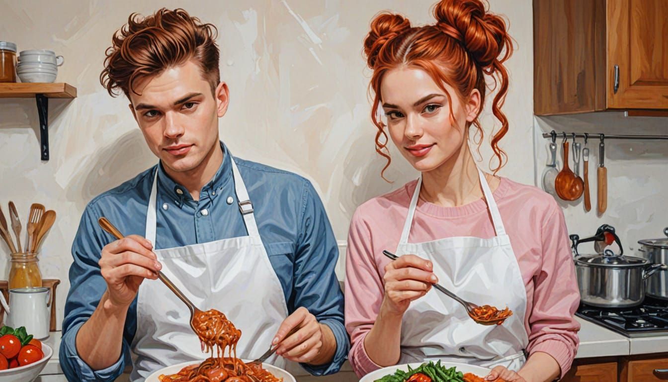 Couple with Unique Hairstyles in Detailed Gouache Painting