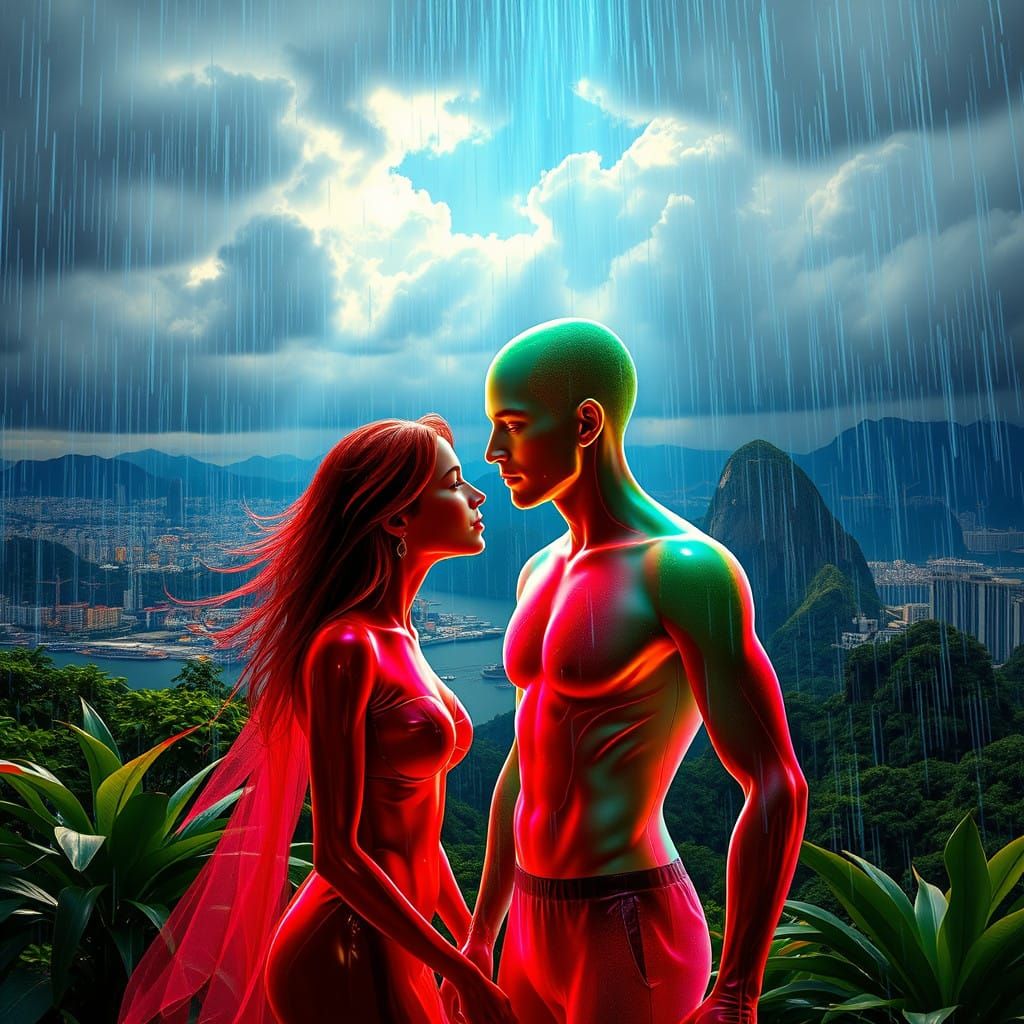 A Holographic Couple Dances Under Vibrant Rio Cityscape