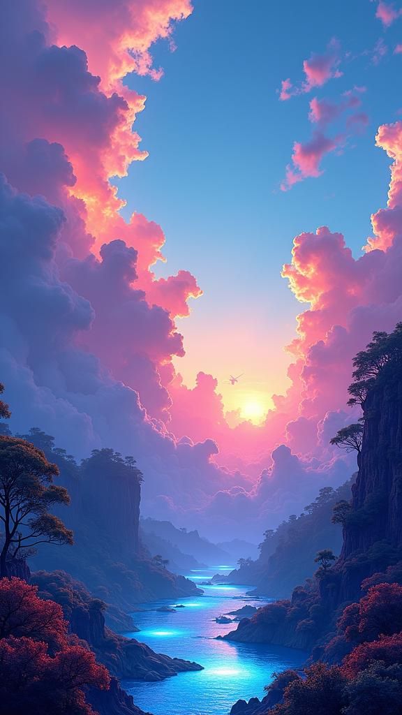 Surreal Elemental Landscape with Glowing Foliage