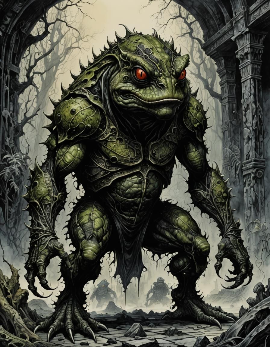 Eerie Toad-Man Creature in Ink Drawing Style