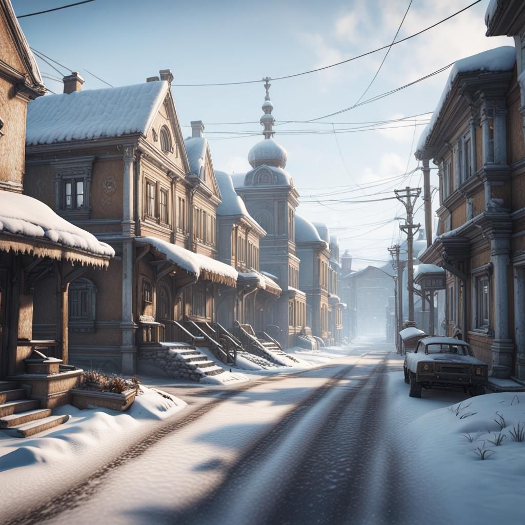 Snow-Covered Ukrainian Town in Modern 3D Style