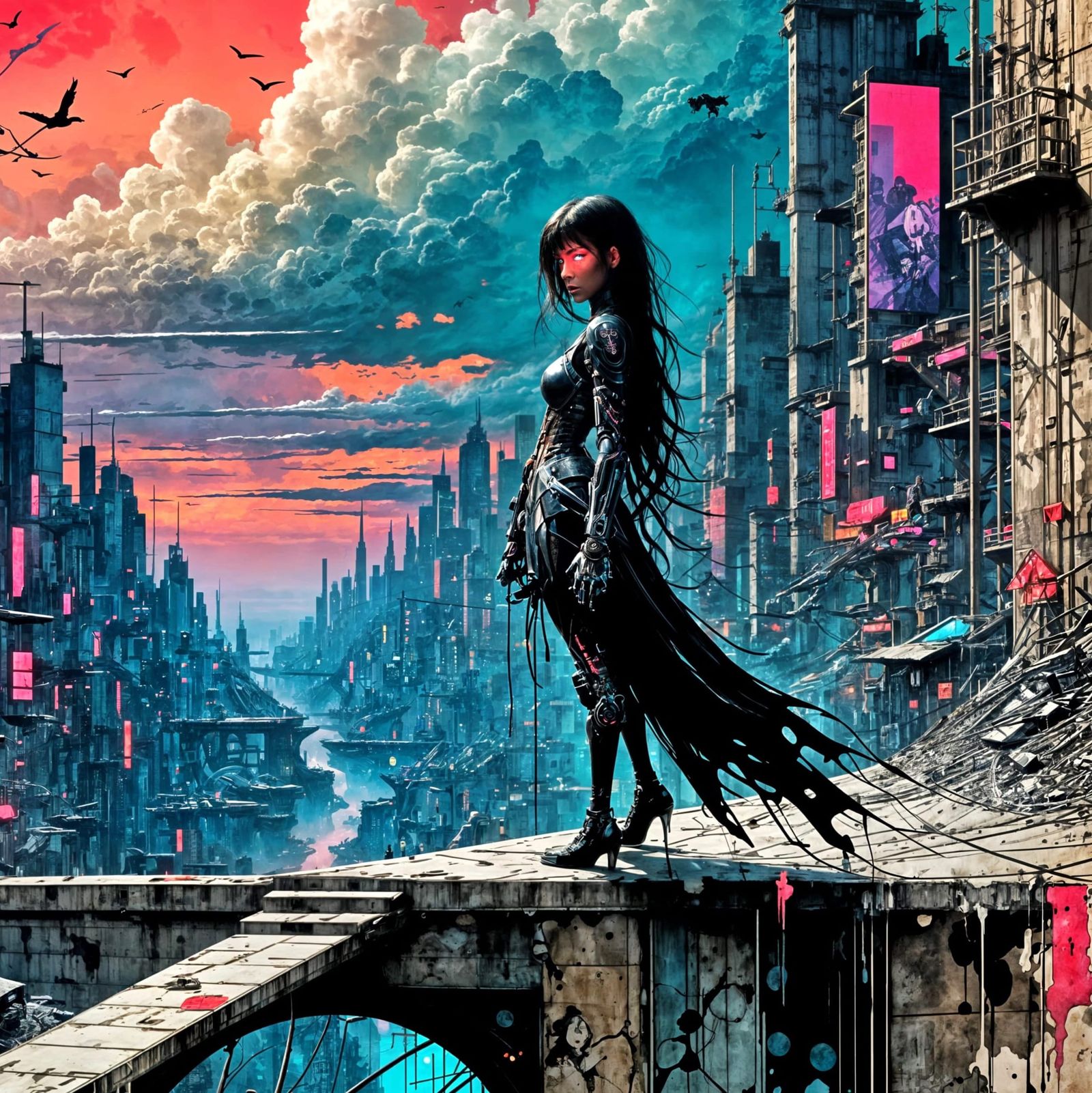 Cyborg Goddess Amidst Neon City Ruins in Cyberpunk Art