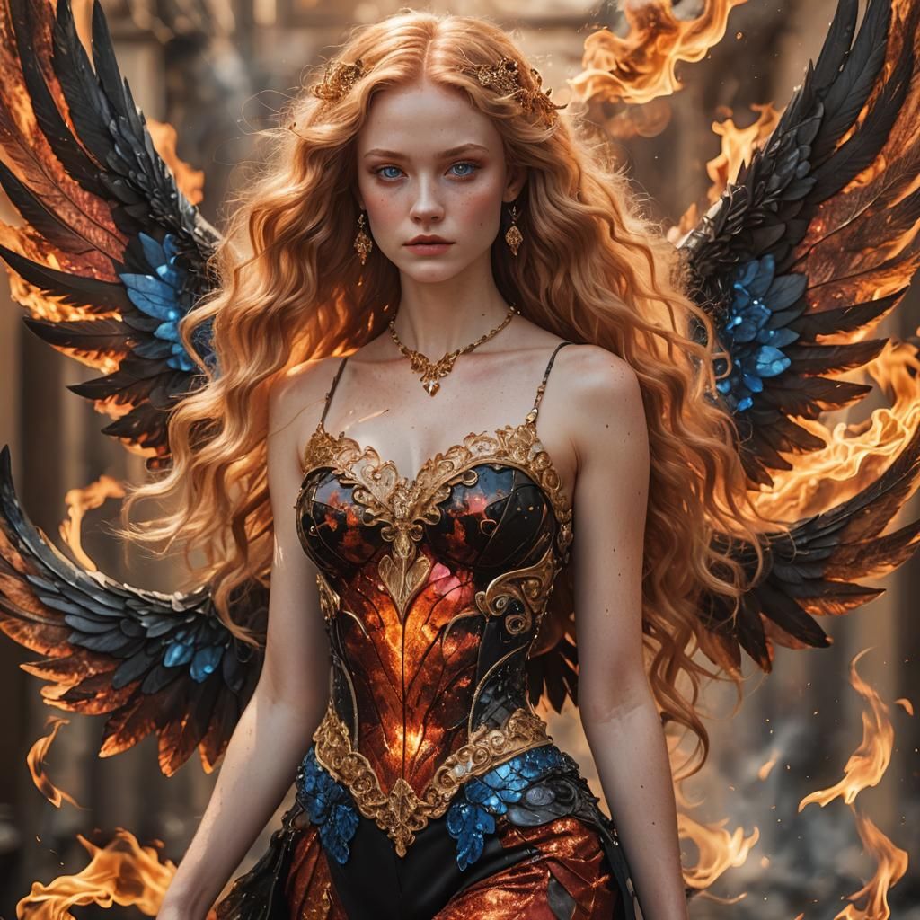 Strawberry Blonde Woman with Fiery Wings in Anime Art