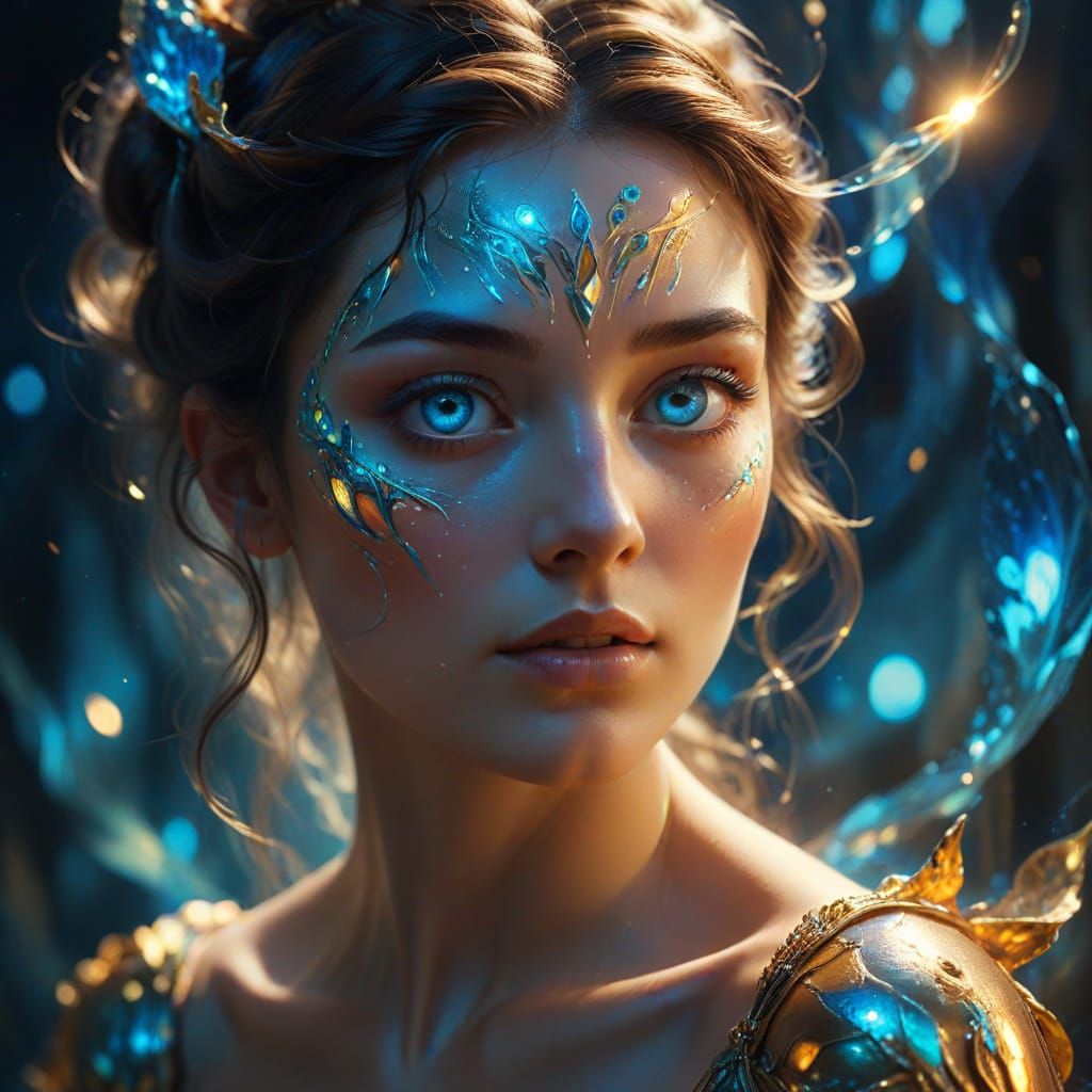 Surreal Goddess Portrait in Iridescent Blue Light