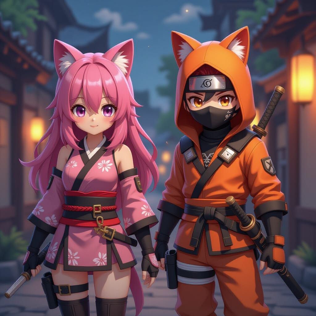 Cute Anime Ninja Couple in 3D Style