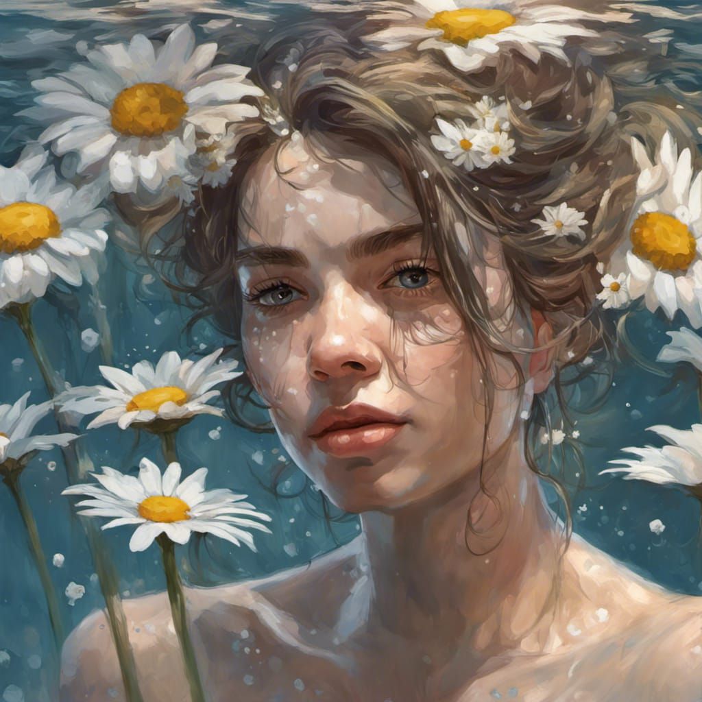 Girl in Bathtub with Daisies: Hyperdetailed Portrait