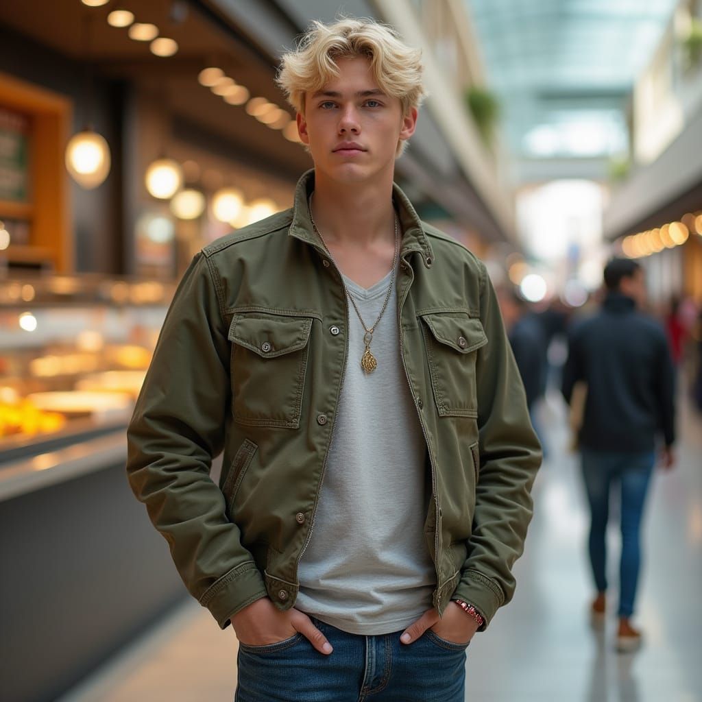 Man in Spring Jacket at Food Court: Hyperrealistic Photo