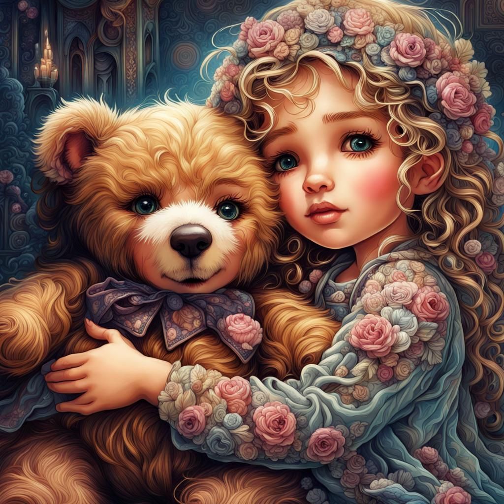 Intricate Dolly Hugging Teddy Bear Close-Up