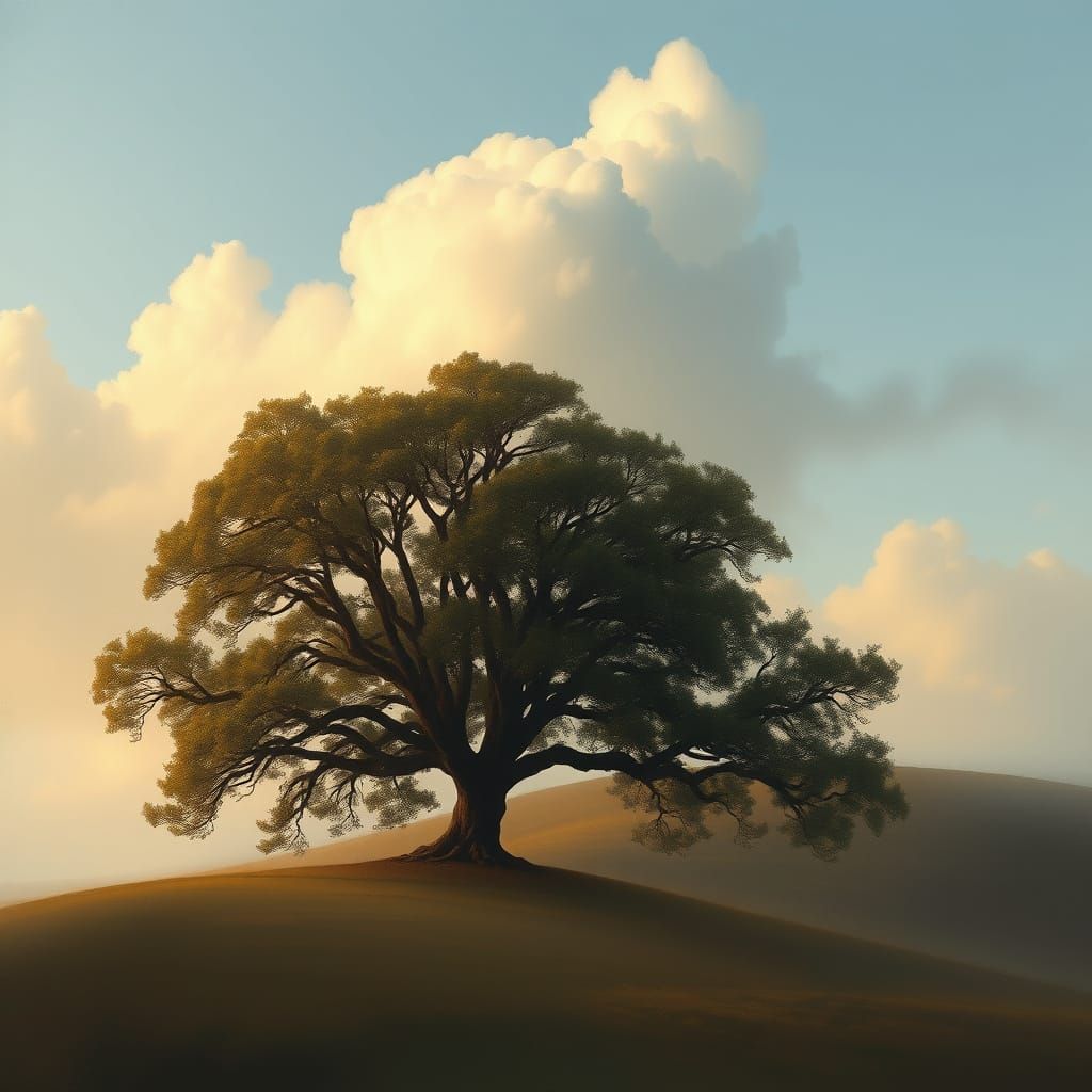 Ethereal Clouds Kiss Ancient Oak Tree on Misty Hill