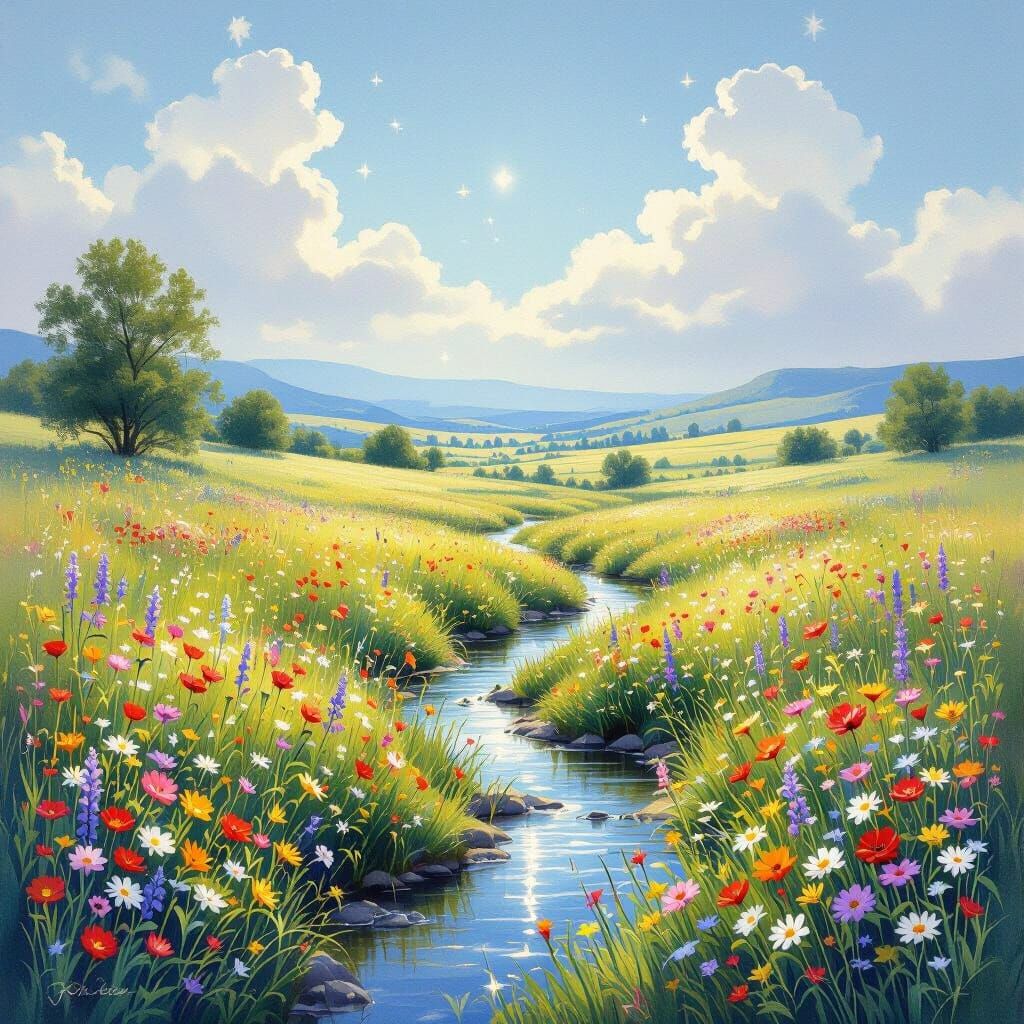 Sun-Drenched Meadow with Wildflowers and Gentle Stream
