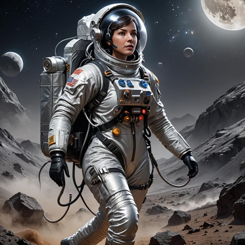 007 A beautiful female astronaut wearing a silver spacesuit on the moon.