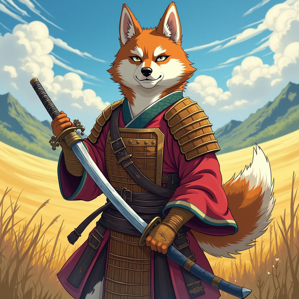 Husky Samurai in Sun-Scorched Prairie, Manga Style