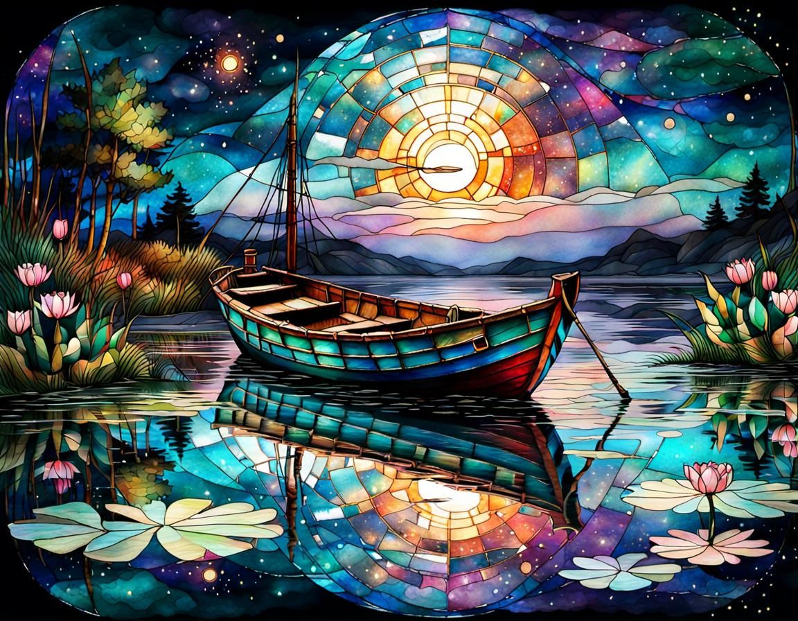 Summer Night Boat and Lilies