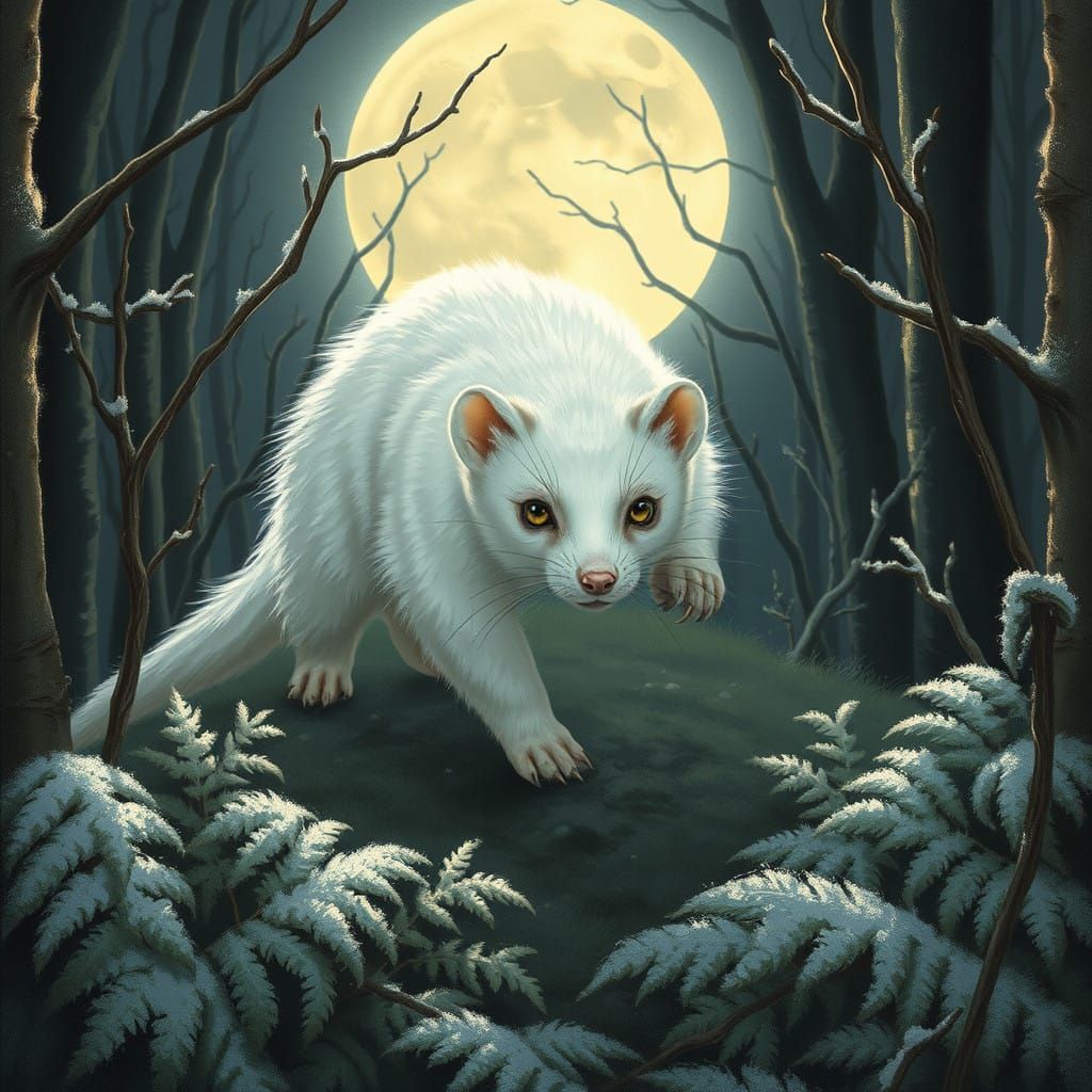 Moonlit Ermine Prowls Frosty Forest in Winter Coat