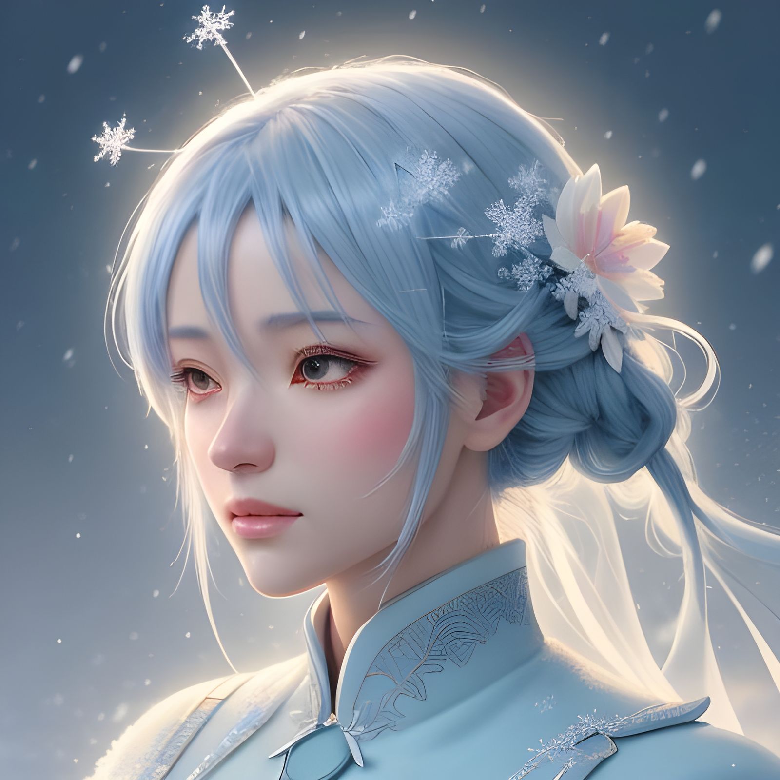 Blue Cornflower in Snow, 3D Anime Art