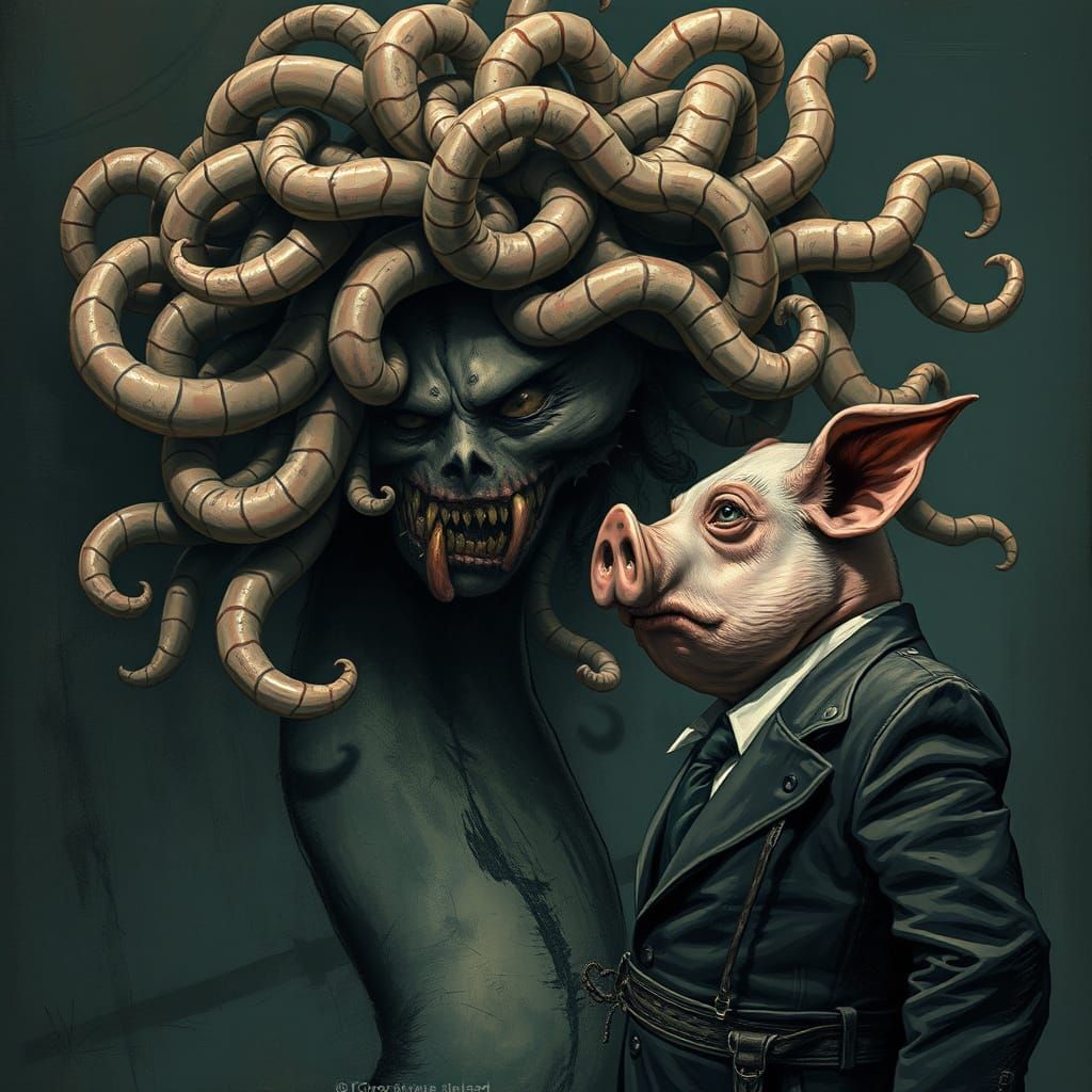Pig-Headed Man and Sausage Medusa, Dark Fantasy Art