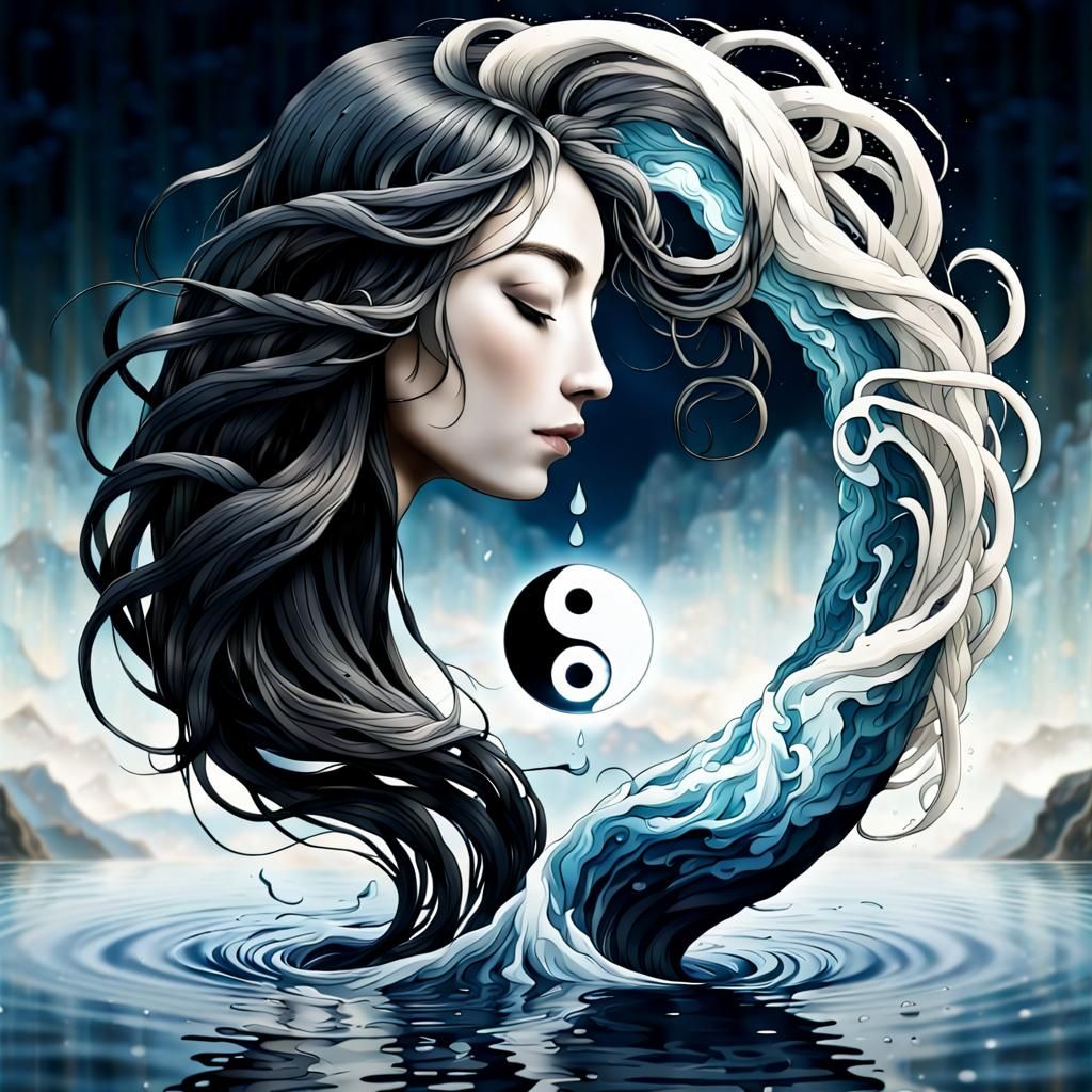 Yin Yang Hair Symbol in Serene Waterscape