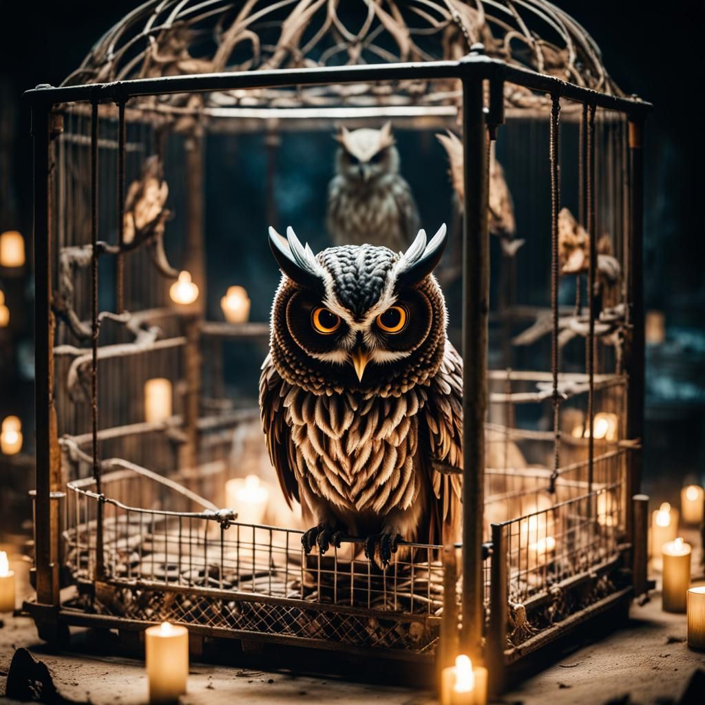 Macabre Zombie Owl in Cage with Demons