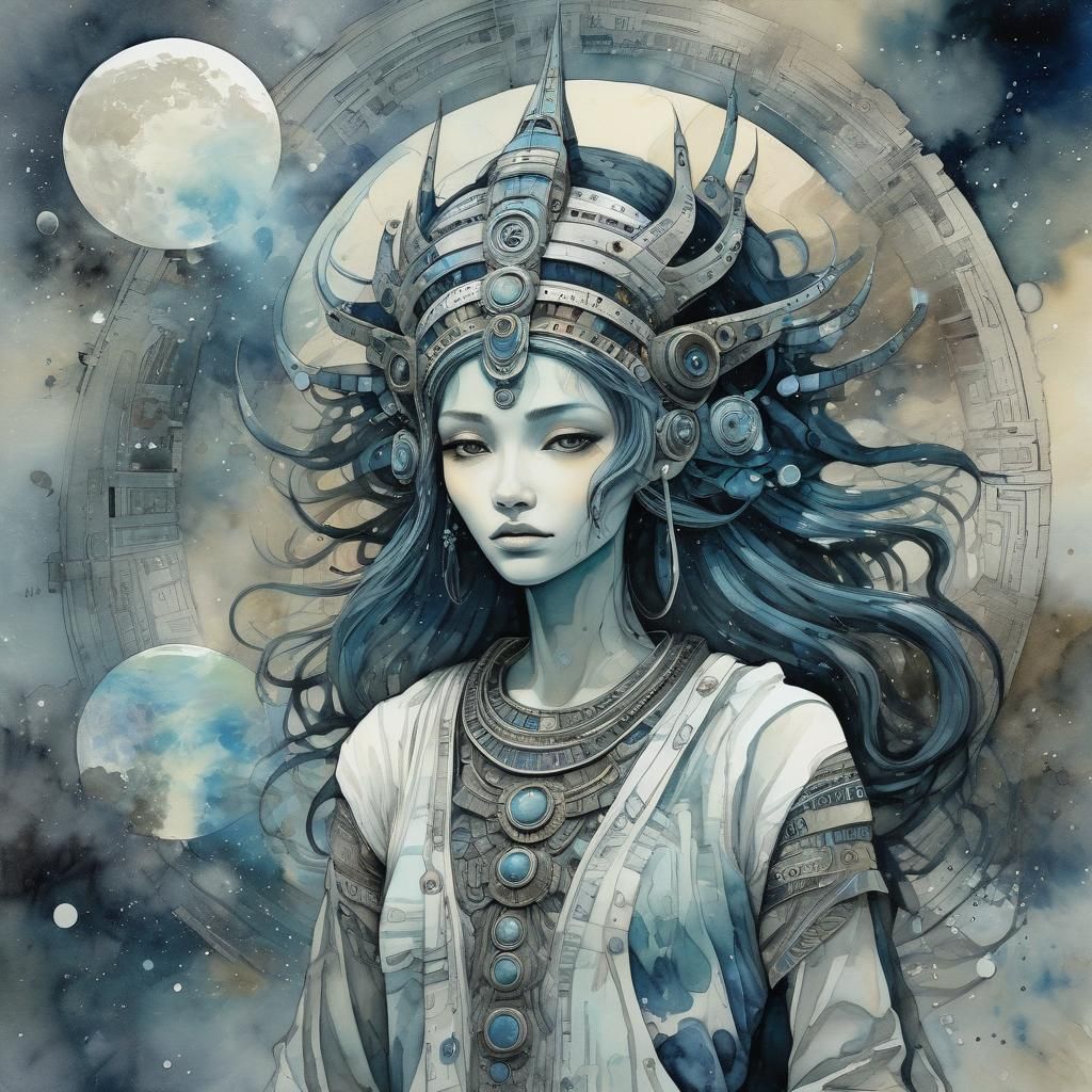 Ethereal Anunnaki Deity in Sci-Fi Moonscape