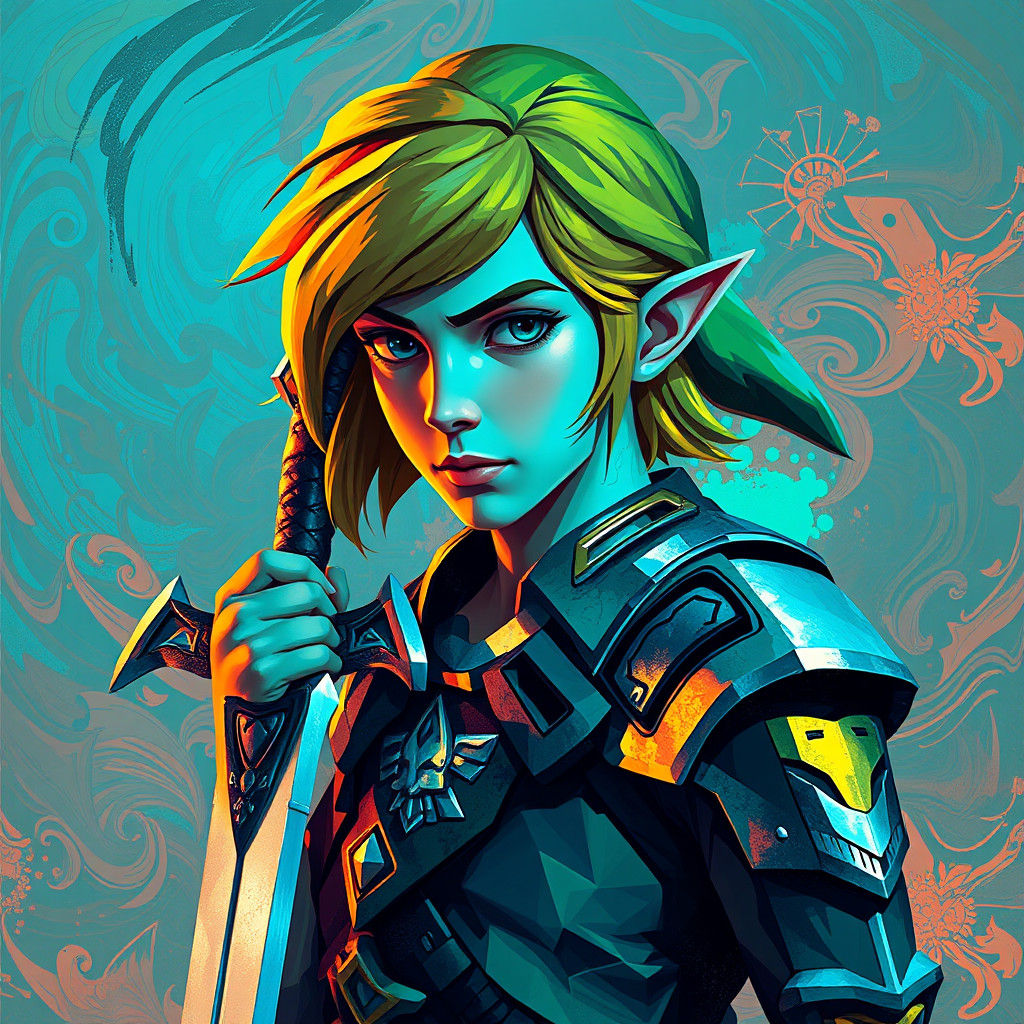 Cubist Link Portrait in Surreal Landscape