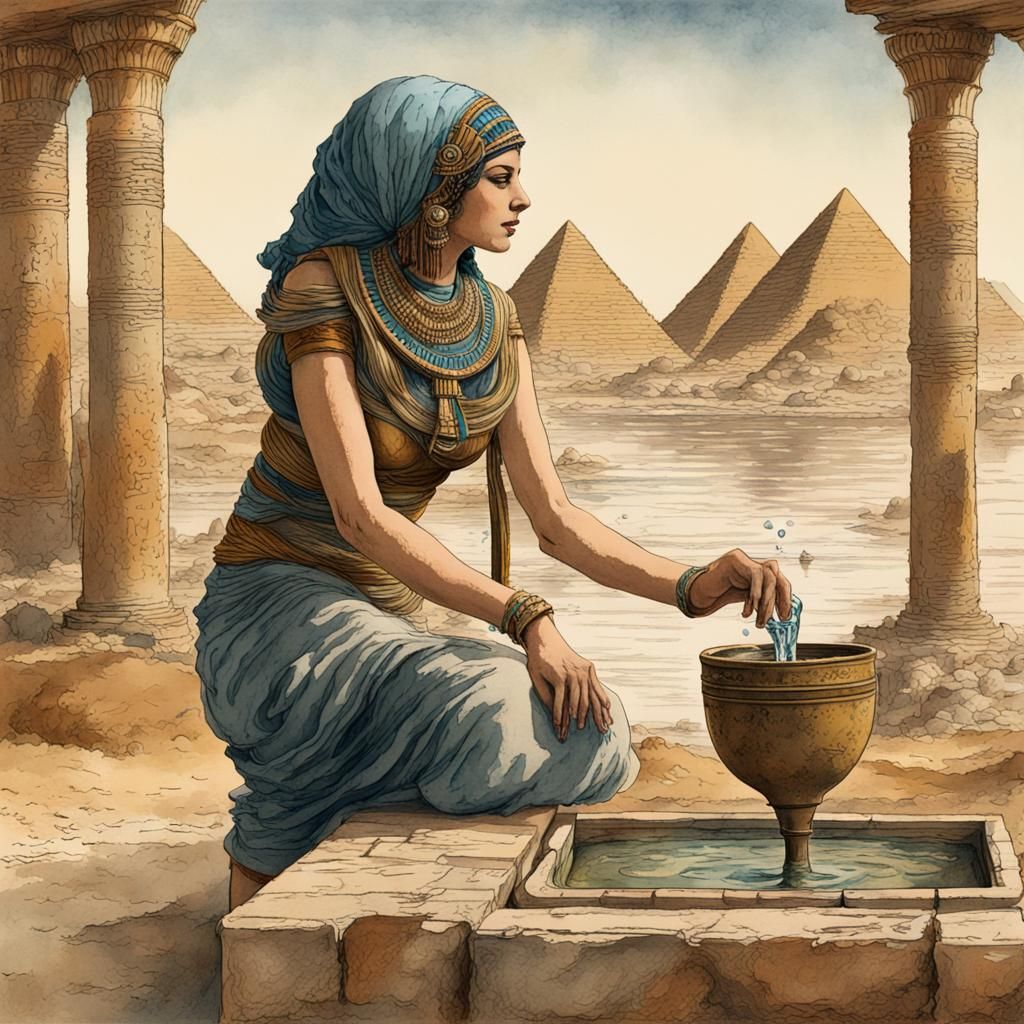 Ancient Egyptian Woman by Nile: Vintage Watercolor