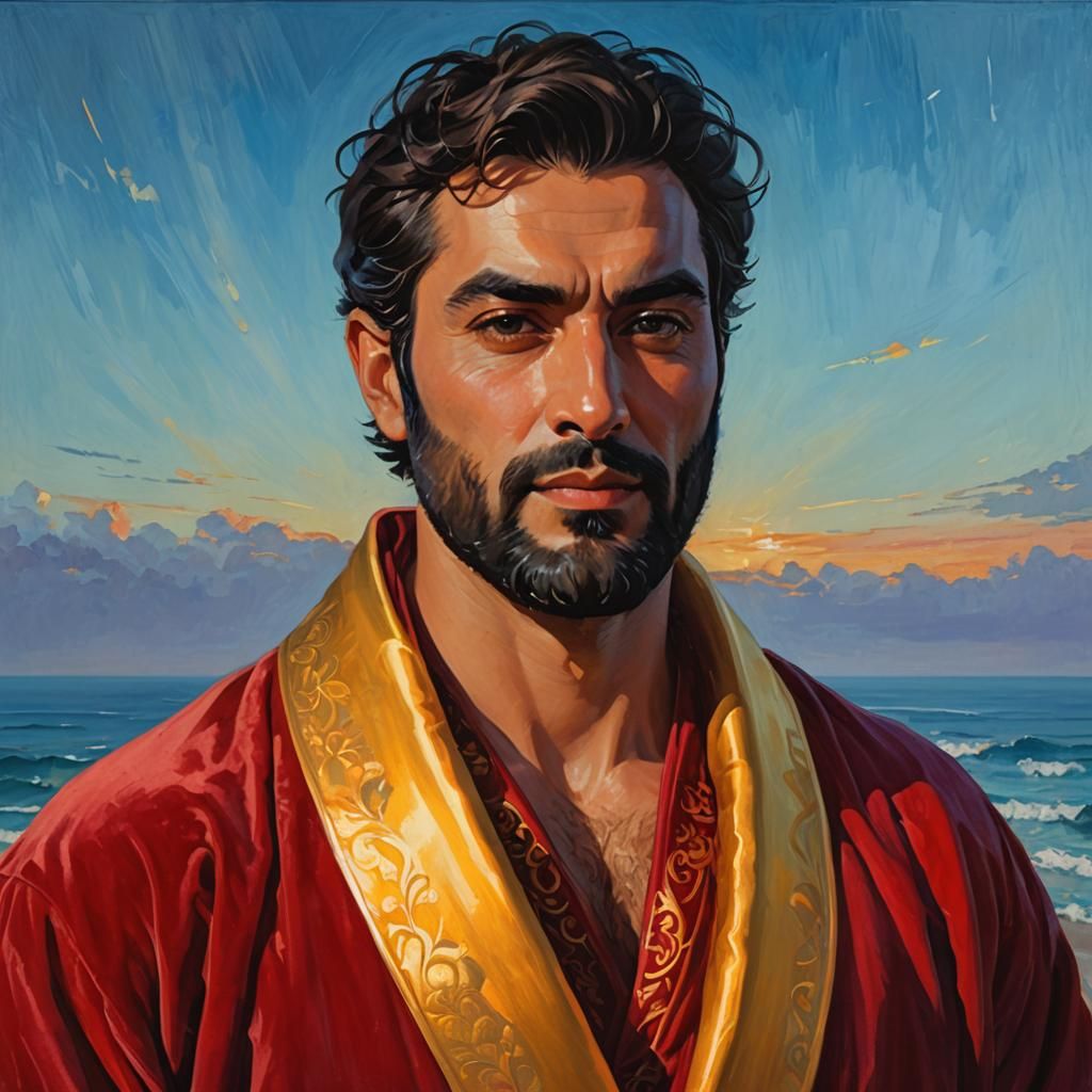 Iranian Man in Red Velvet Robe, Impressionist Portrait