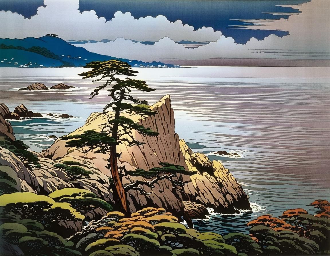 Cypress on Rock: Japanese Woodblock Print