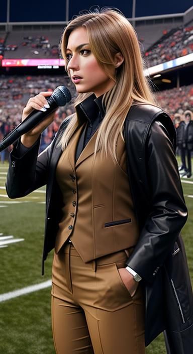 Sideline Reporter in Tan Suit at Game