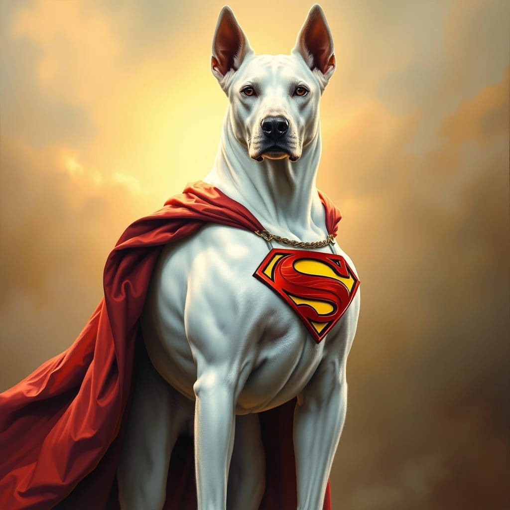 Epic Oil Painting of Handsome Superman Dog in Dramatic Cape