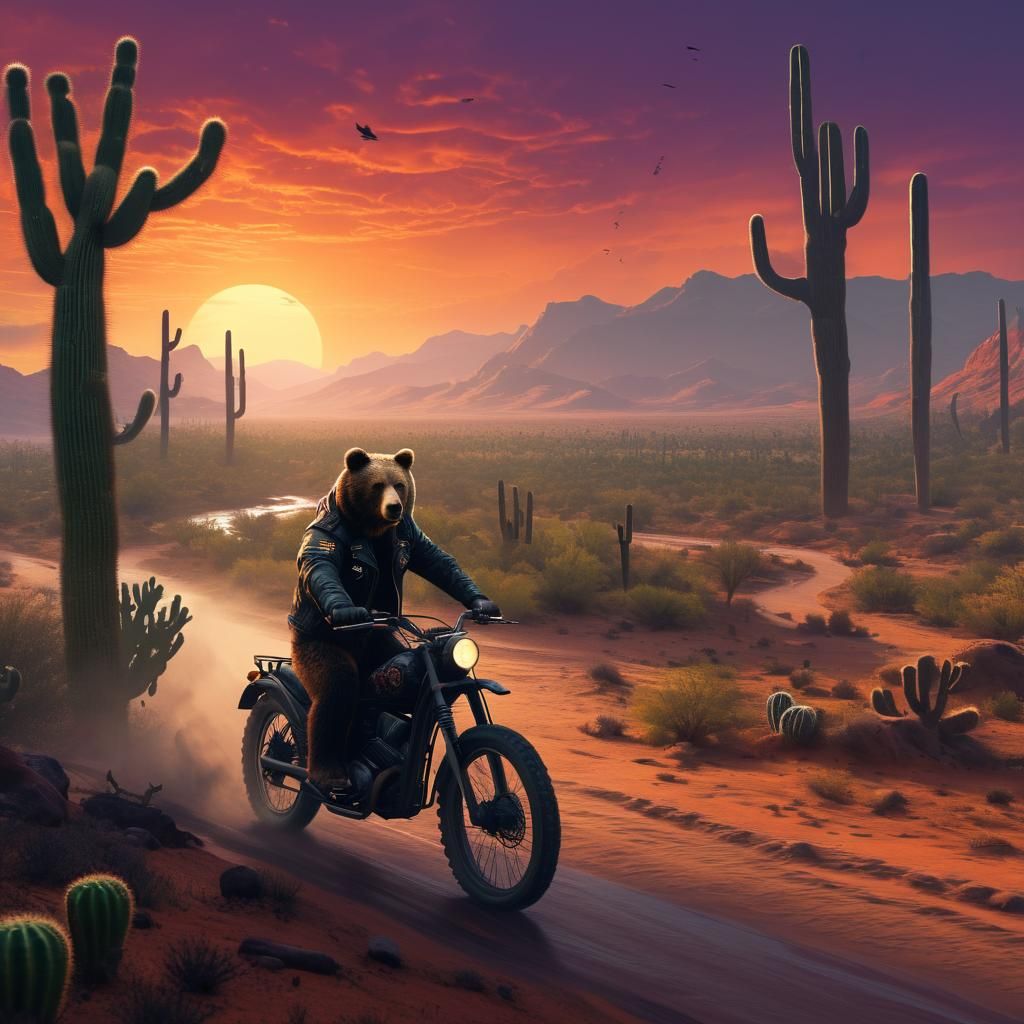 Bear on Motorcycle Hunted in Desert Matte Painting