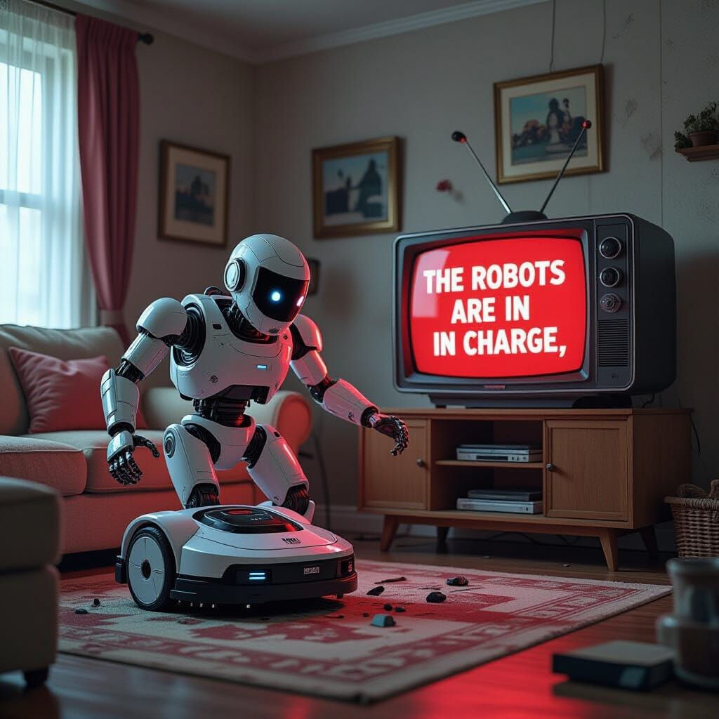 Robot Vacuum Assault in Cyberpunk Dystopia