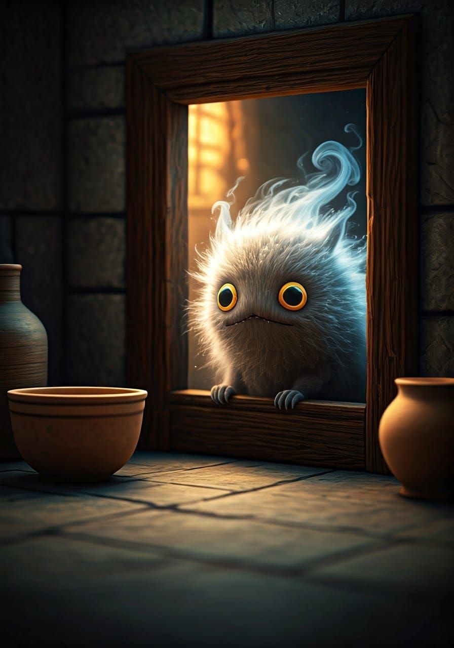 Whimsical Smoke Critter in Medieval Kitchen