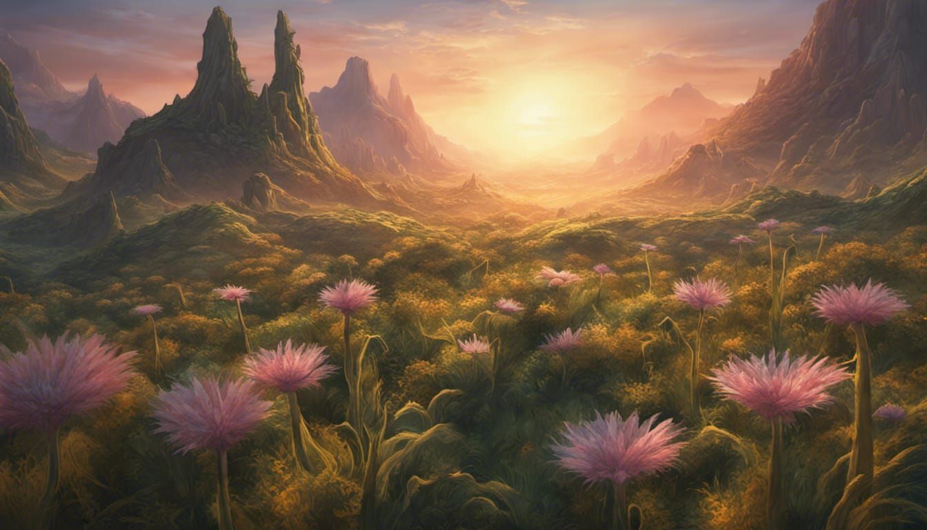 Alien Sunrise Over Green Mountains: Digital Matte Painting