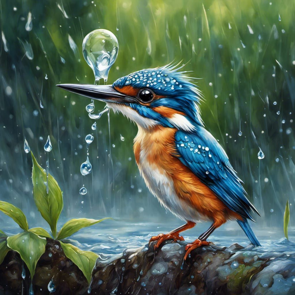 Kingfisher in Rain, Fairytale Oil Painting