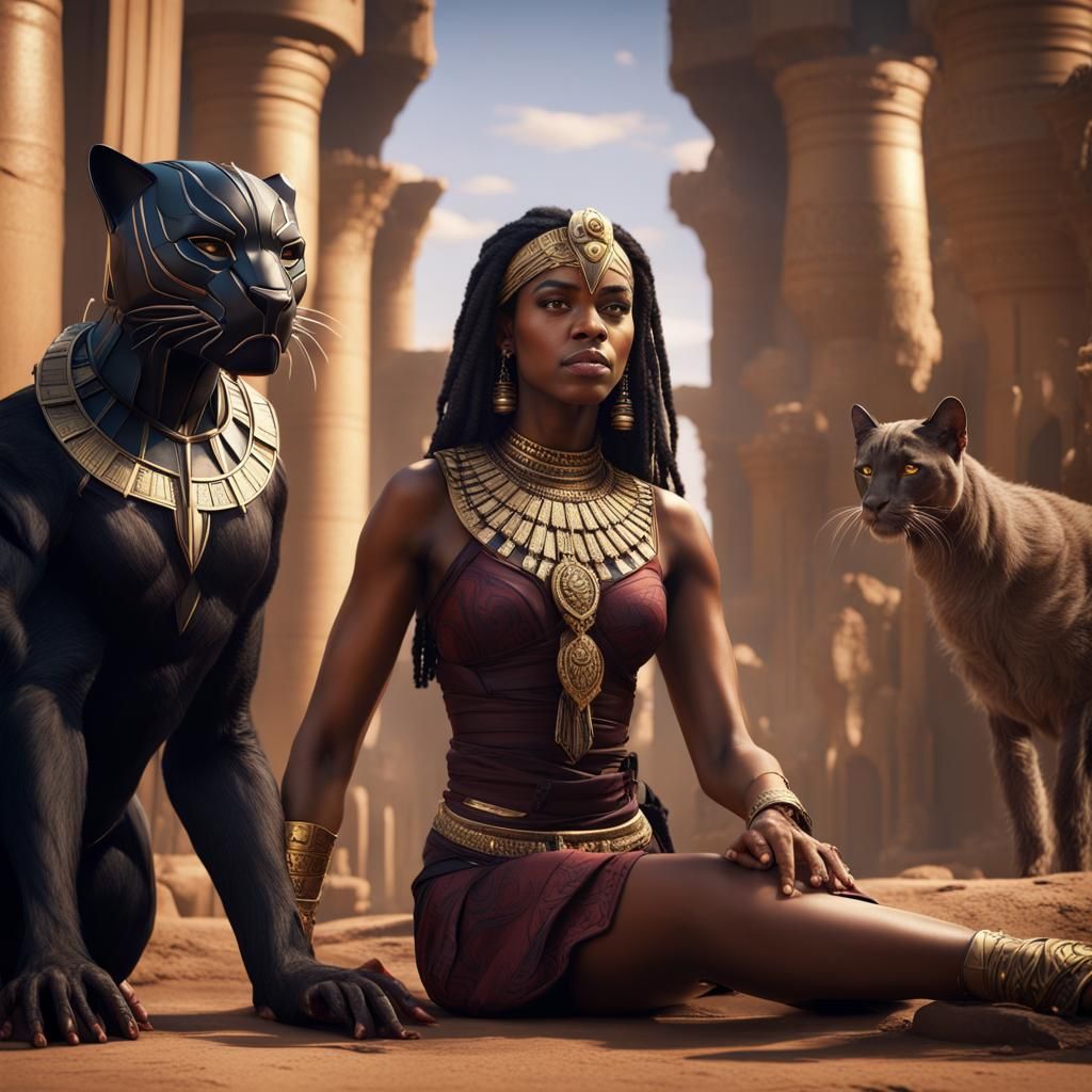 Panther and Egyptian Woman: Fantasy Concept Art