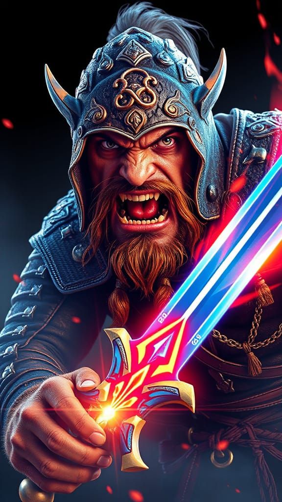 Angry Celtic Warrior Wielding Sword in 3D Neon Style