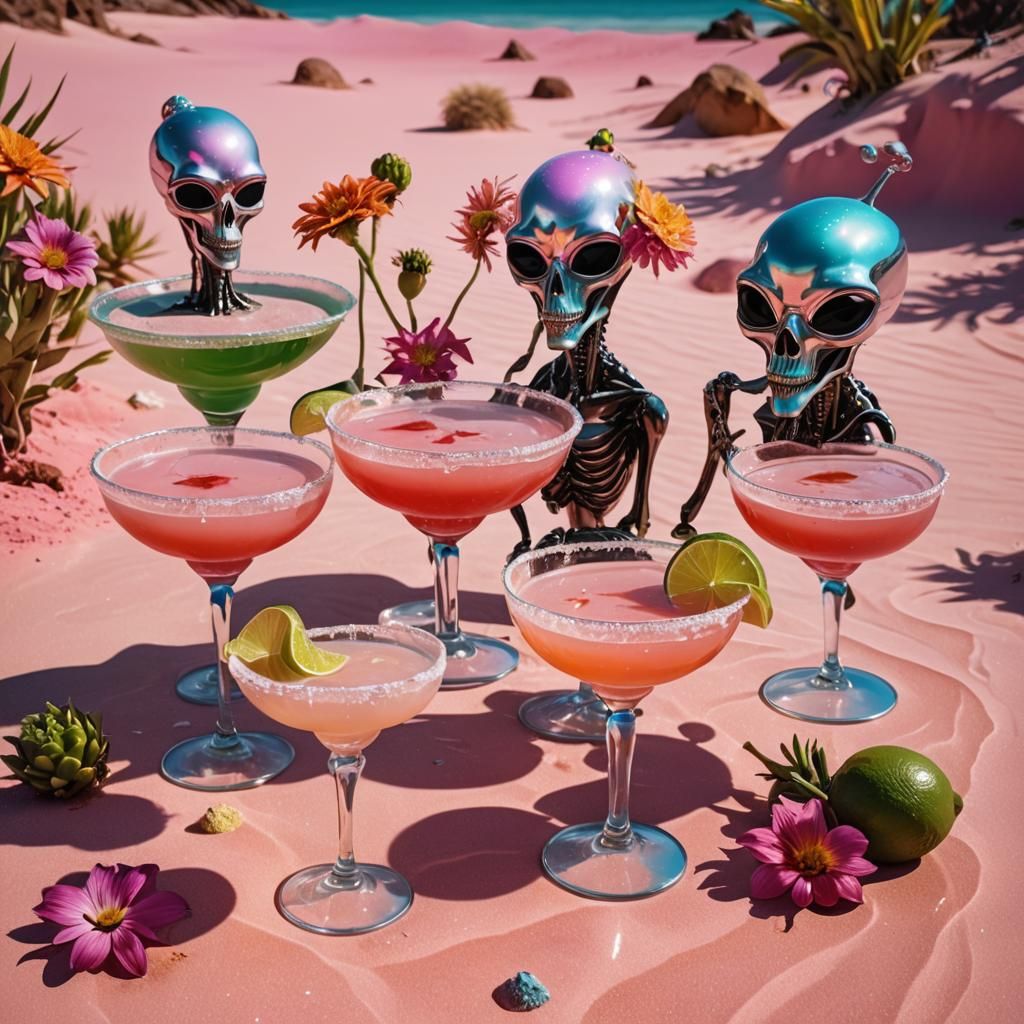 Cosmic Surrealist Aliens on a Pink Sand Beach