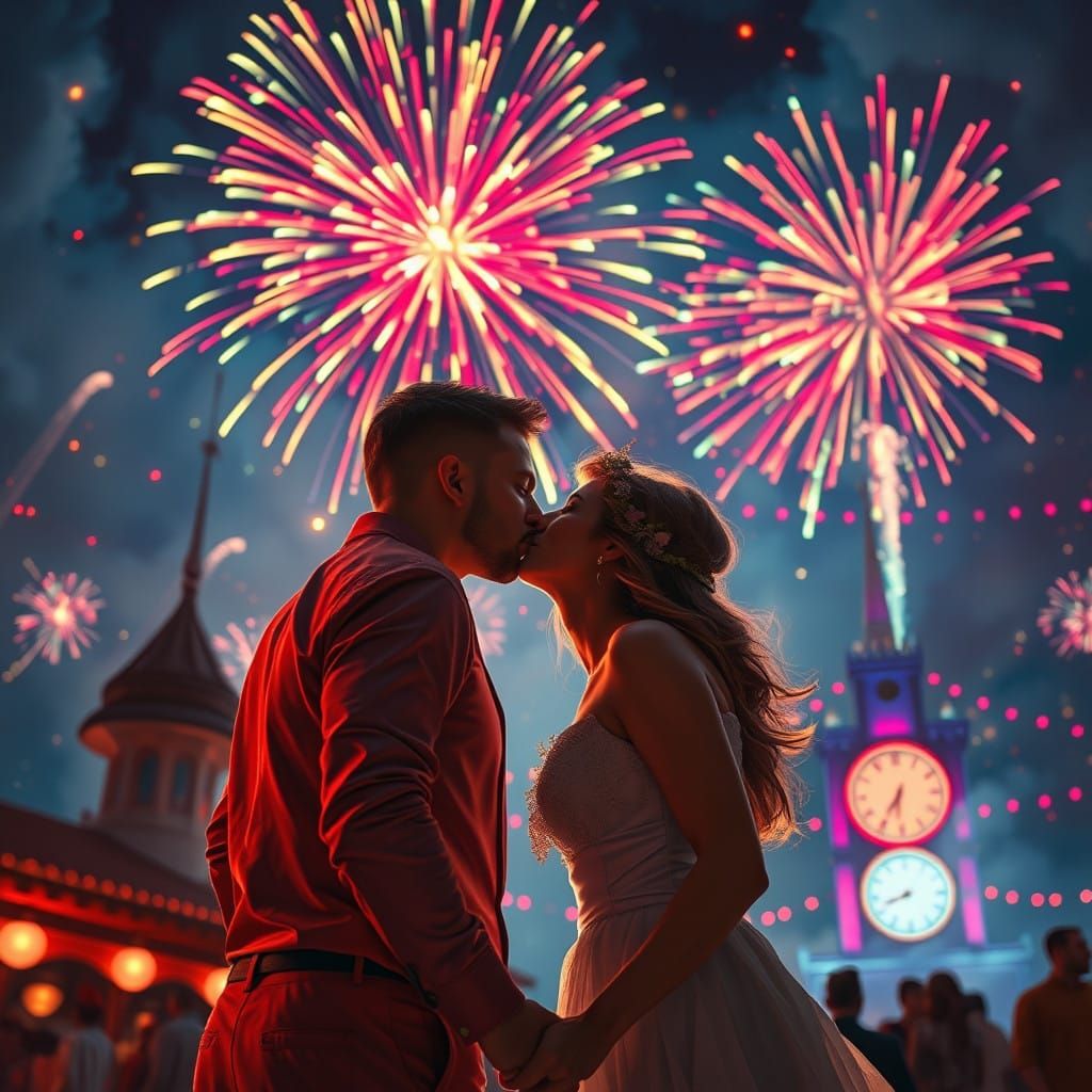Love Blooms Amidst Vibrant Fireworks in a Neon-Lit Night Sky