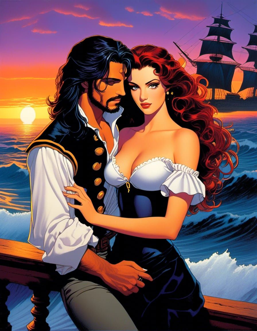 Romantic Beach Sunset with Pirate Ship: Lomography Style