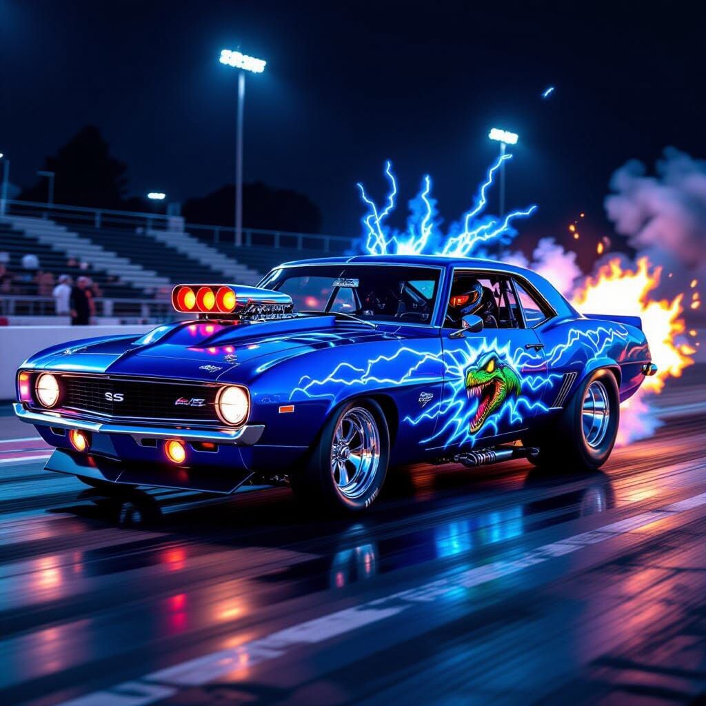 Electric Blue Camaro Pro Mod Dragster with Dino Graphic