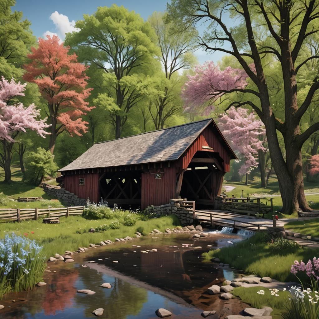 Lancaster County Spring Farms: Covered Bridge and Tractor