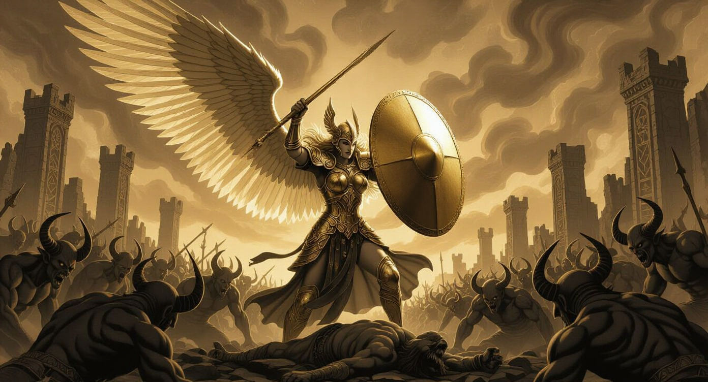 Valkyrie Battles Demons in Sepia Ink and Pencil Style