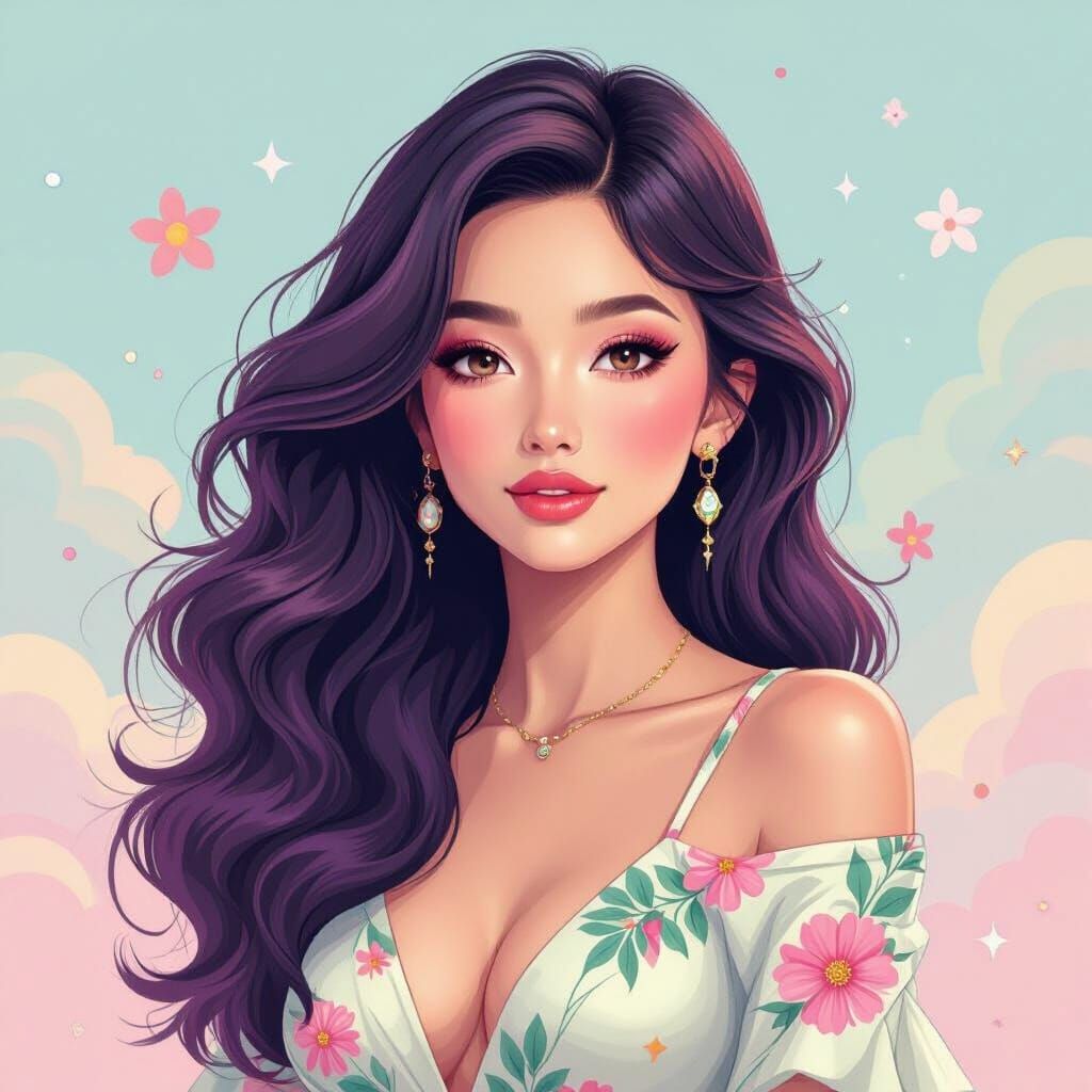 Woman with Vibrant Flowing Hair in Whimsical Pastel Style