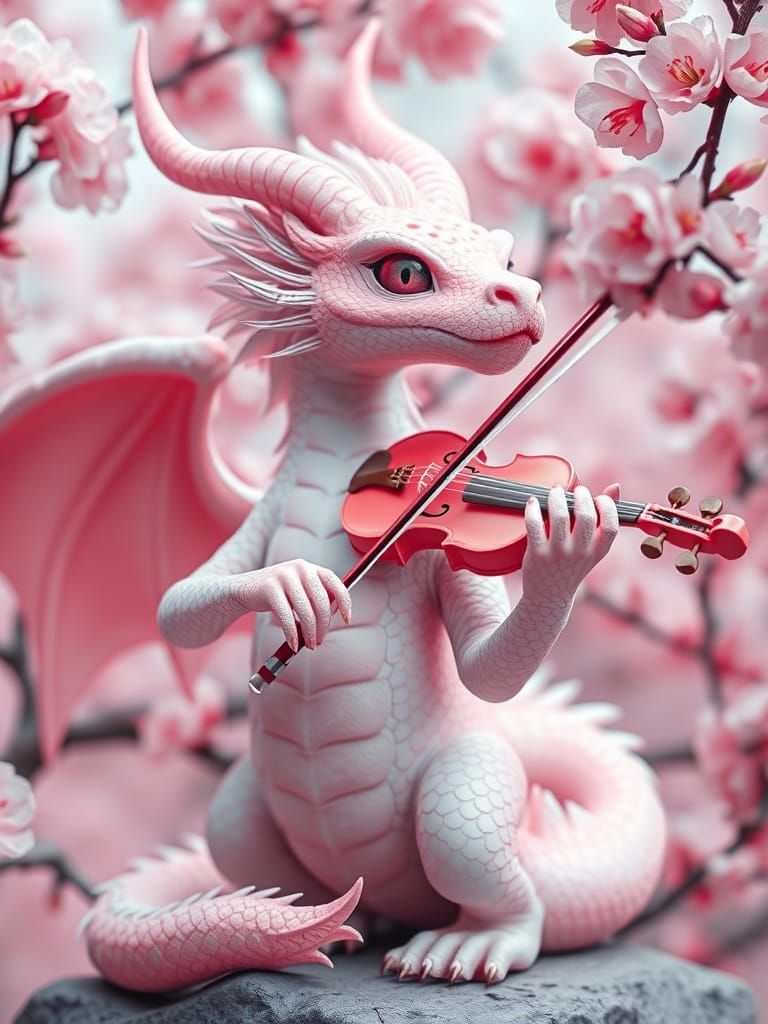 Whimsical Pink Dragon Plays Violin Under Cherry Blossoms